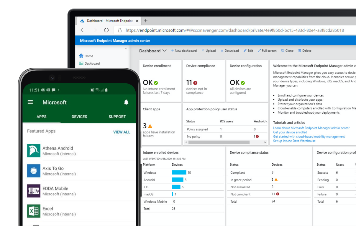 Mobile and desktop screens with InTune admin center