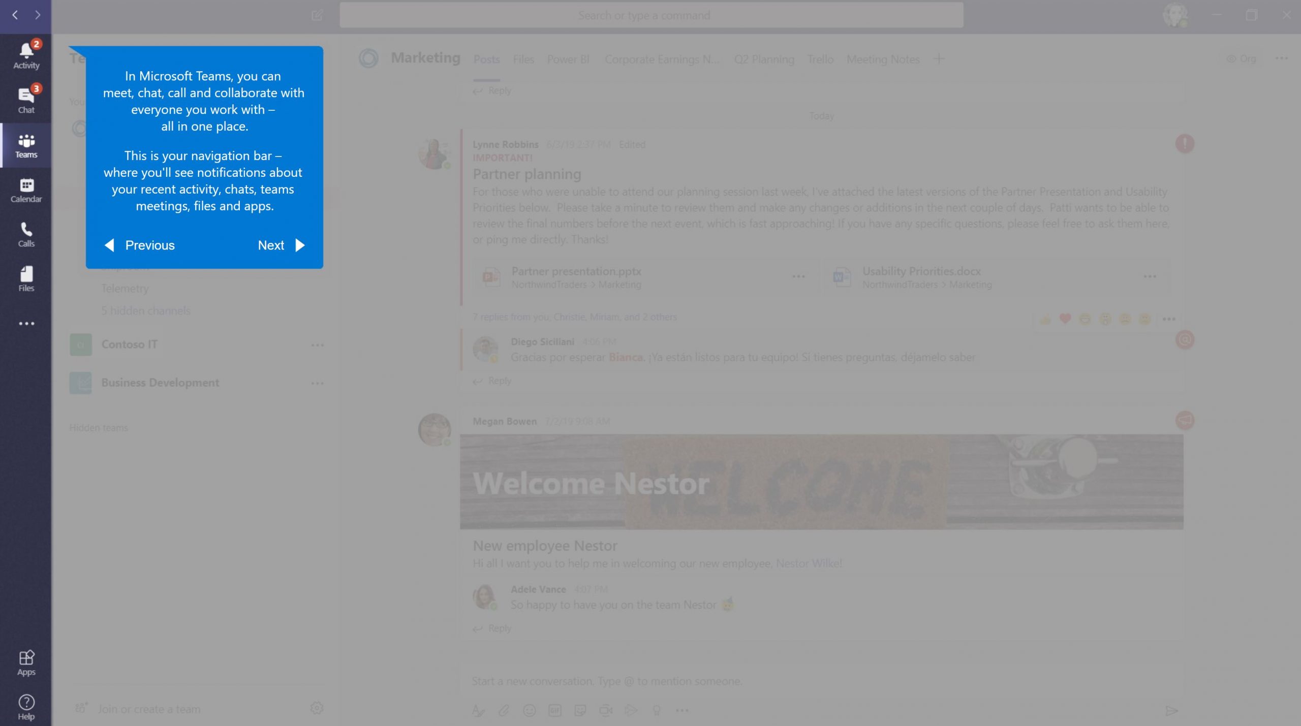 Screen shot of Teams witha help dialogue box tour about the menus