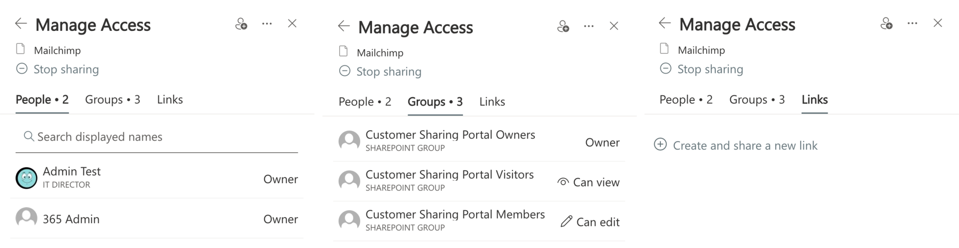There are three access options you could be able to manage: People, Groups and Links