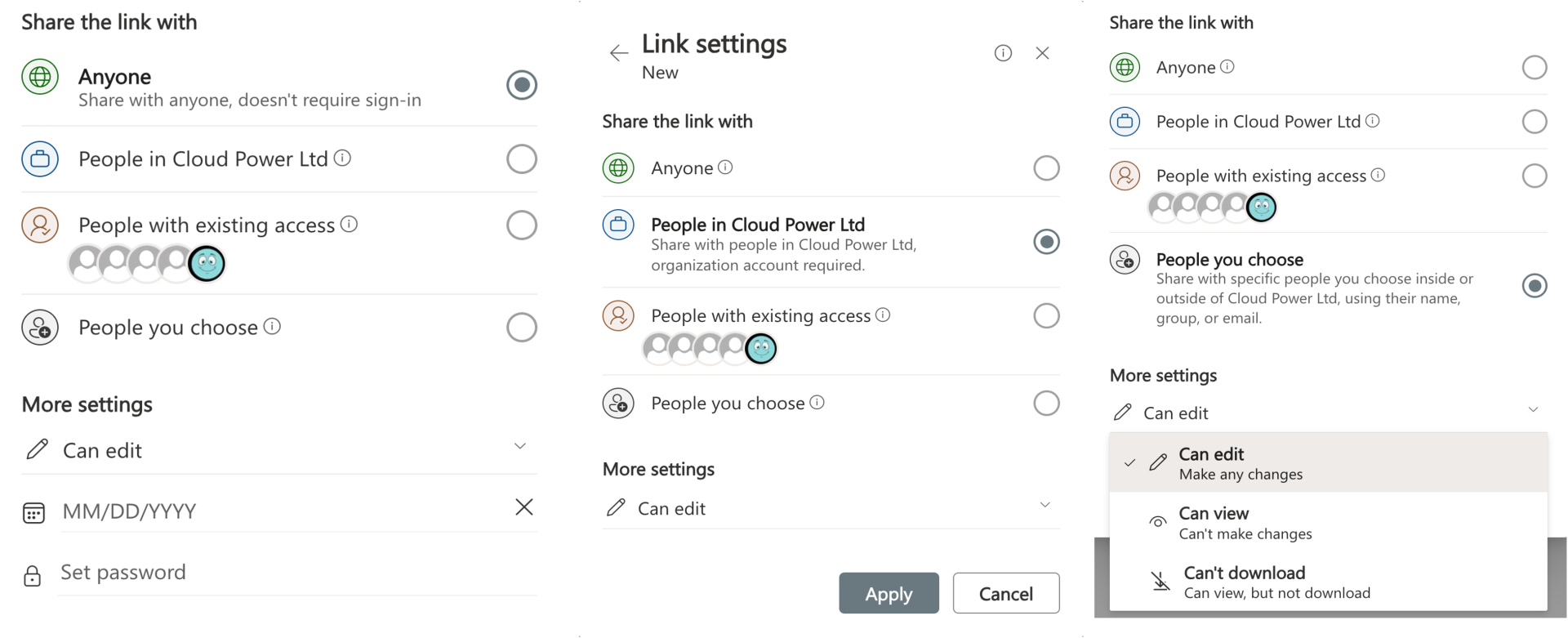 Sharing options for a link created for a SharePoint file or folder