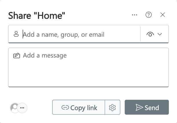 Clicking on Share page option a dialogue box like this one will open. You can now type the name, group or email of the person you wish to share the site with. You can also add a personal message. Click 'Send' when you are ready