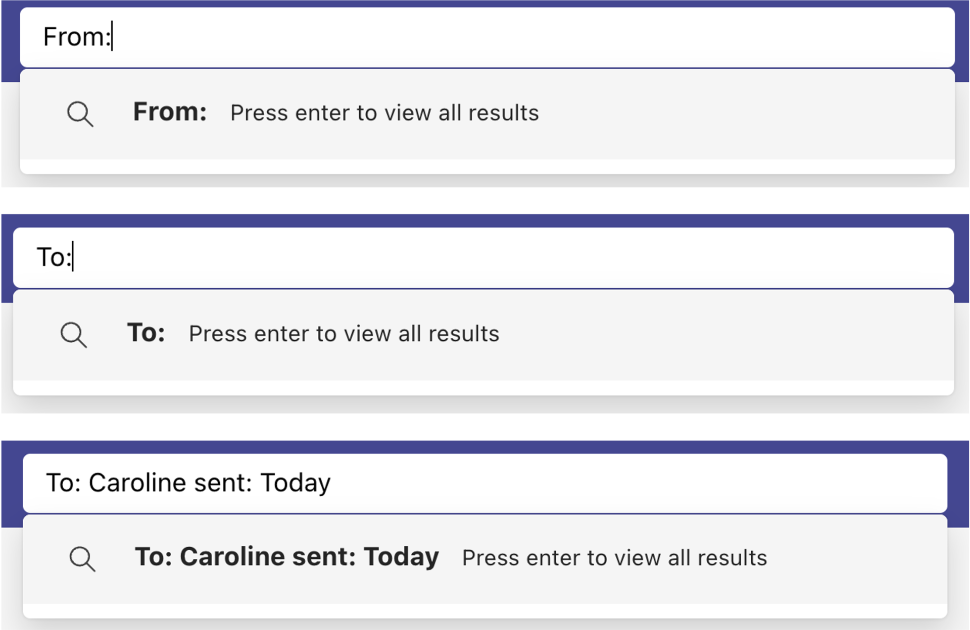 Filter Message results by Type, Teams and channels, From, Date, @mentions me, has attachemetn and Hide apps & bots