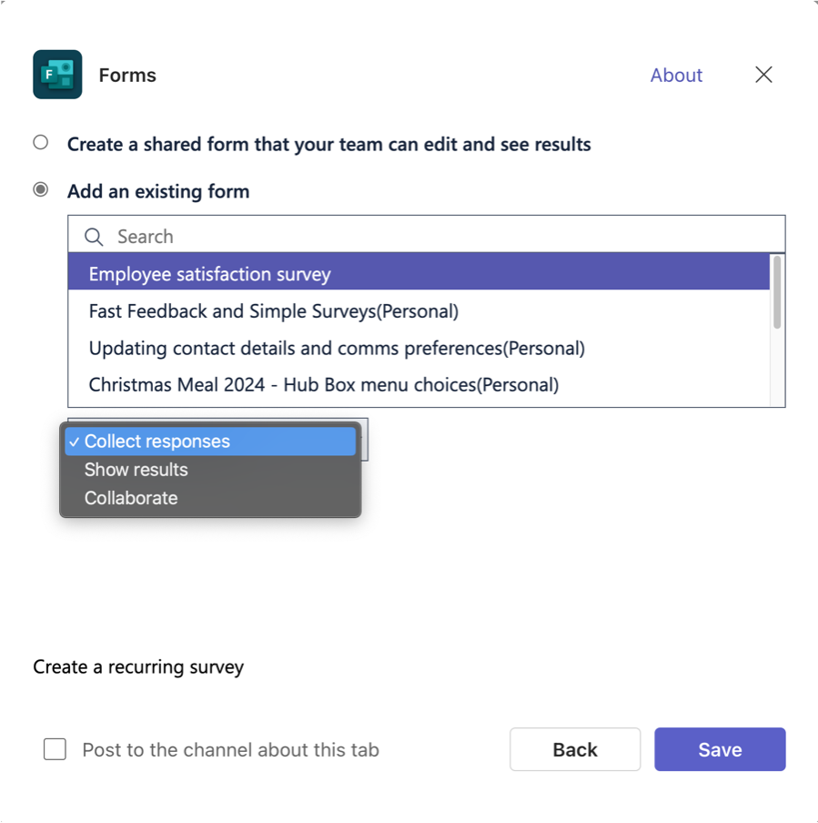 Dialogue box adding or creating a Form in Microsoft Teams Channel