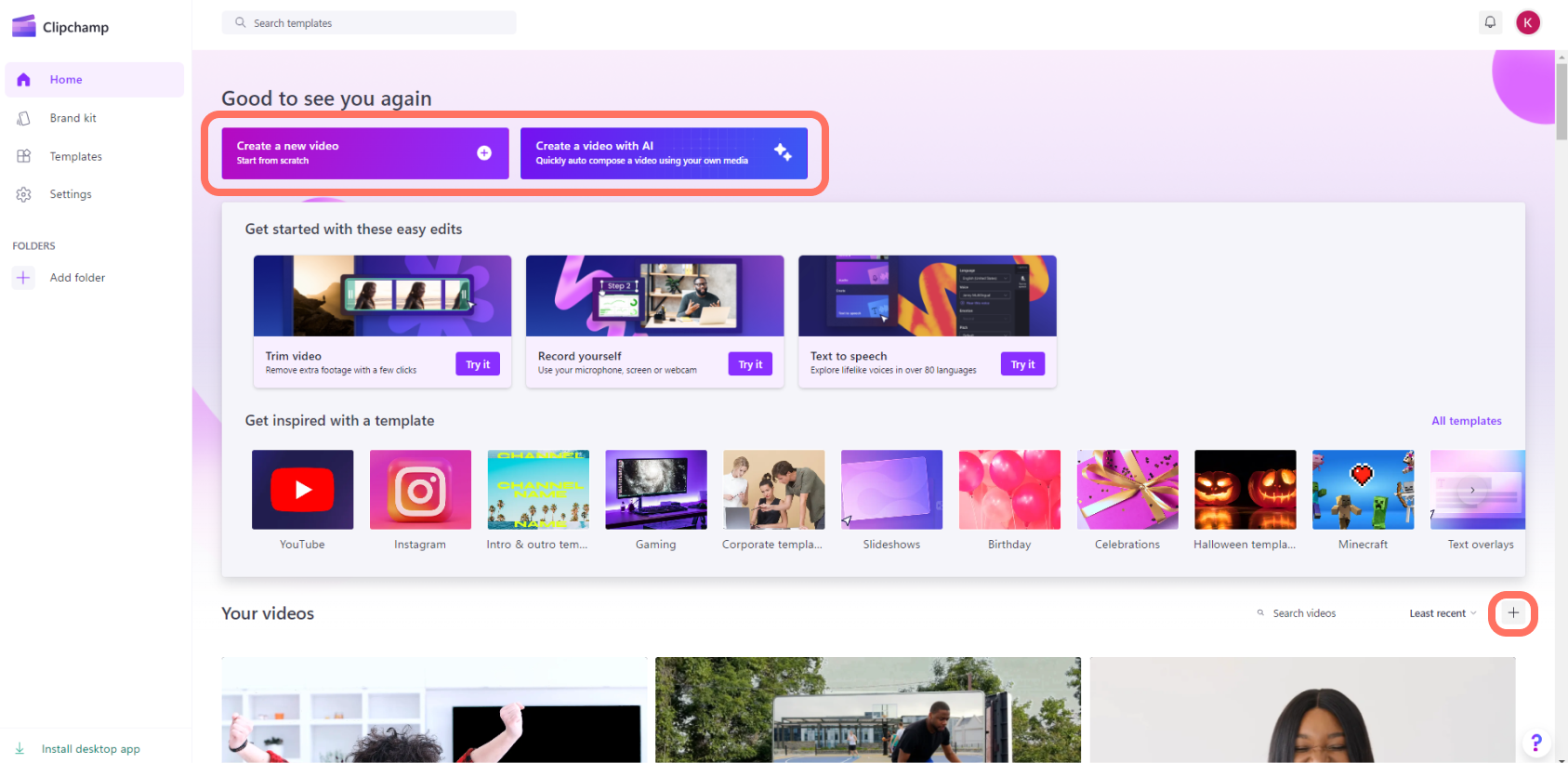Clipchamp Homescreen Clipchamp Homescreen